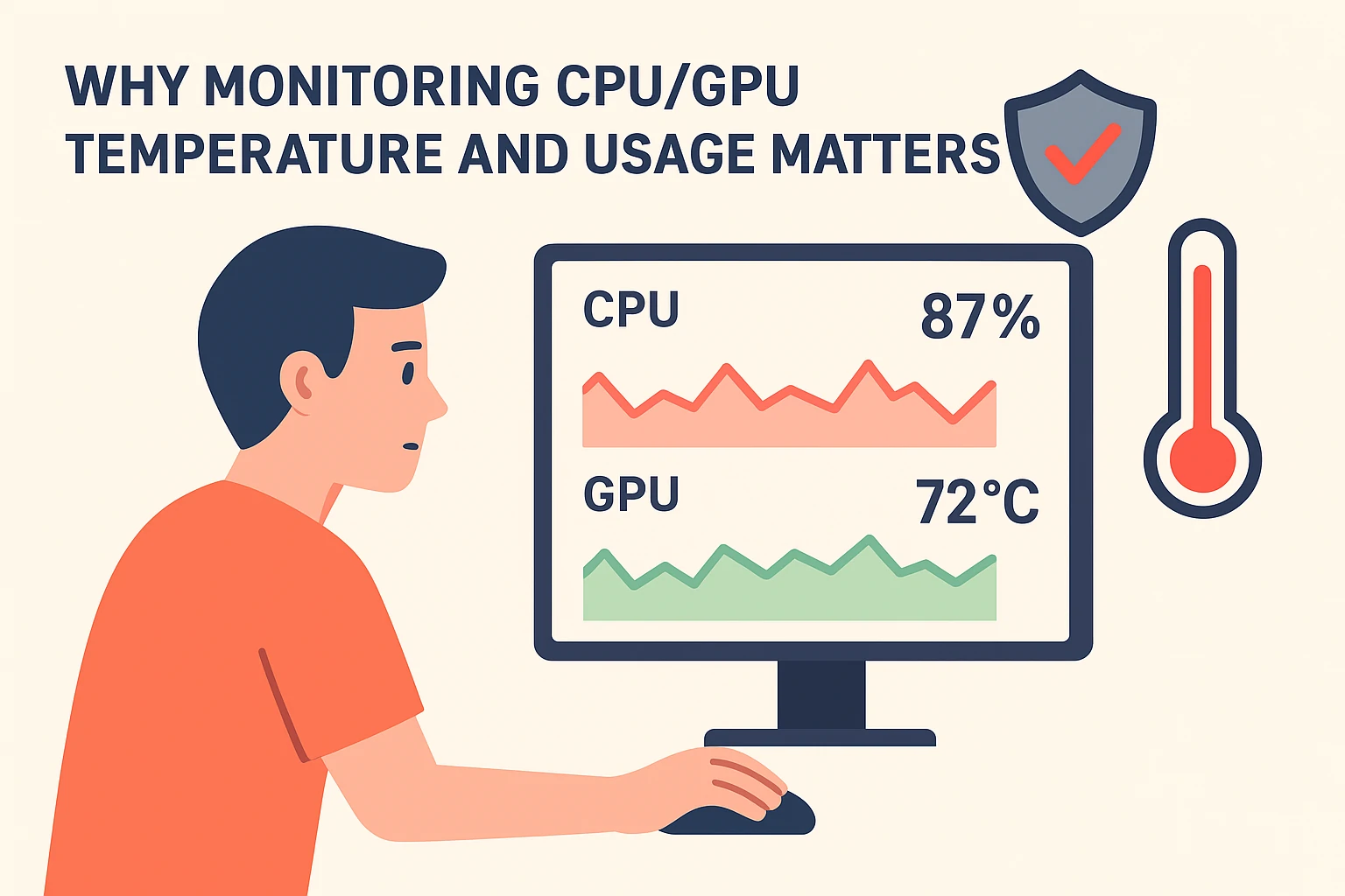 Flat illustration of a person monitoring CPU and GPU temperatures on a computer screen.