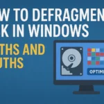 Illustration showing a Windows computer screen and question about disk defragmentation.