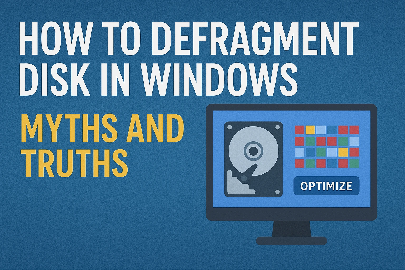 Illustration showing a Windows computer screen and question about disk defragmentation.