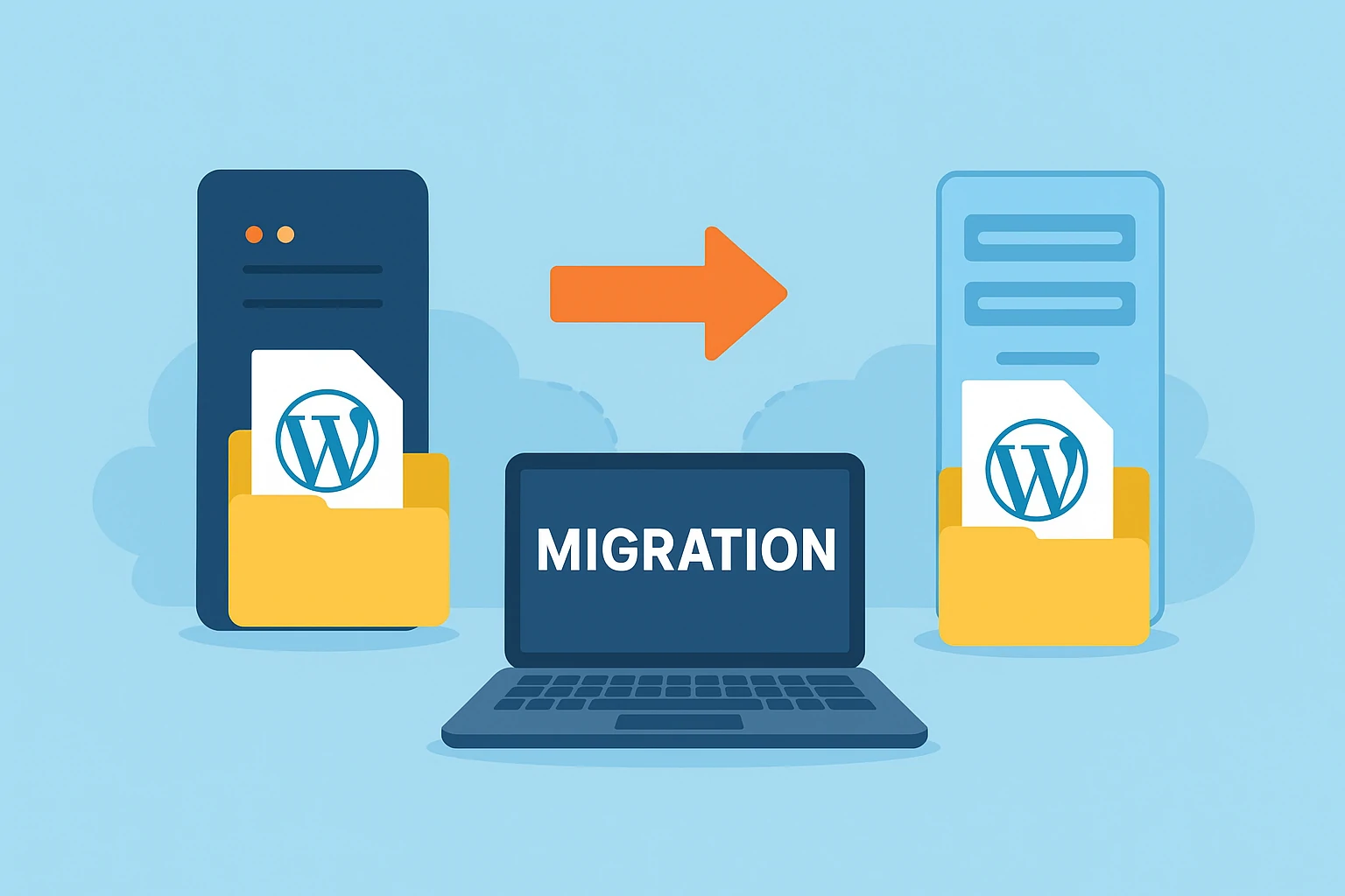 Illustration of WordPress database export and import process.